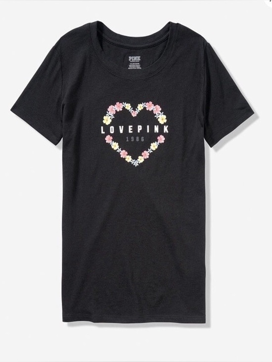PINK Victoria's Secret Tops - PINK Victoria’s Secret Love Heart Floral Logo Tee Shirt Top - XS - Black